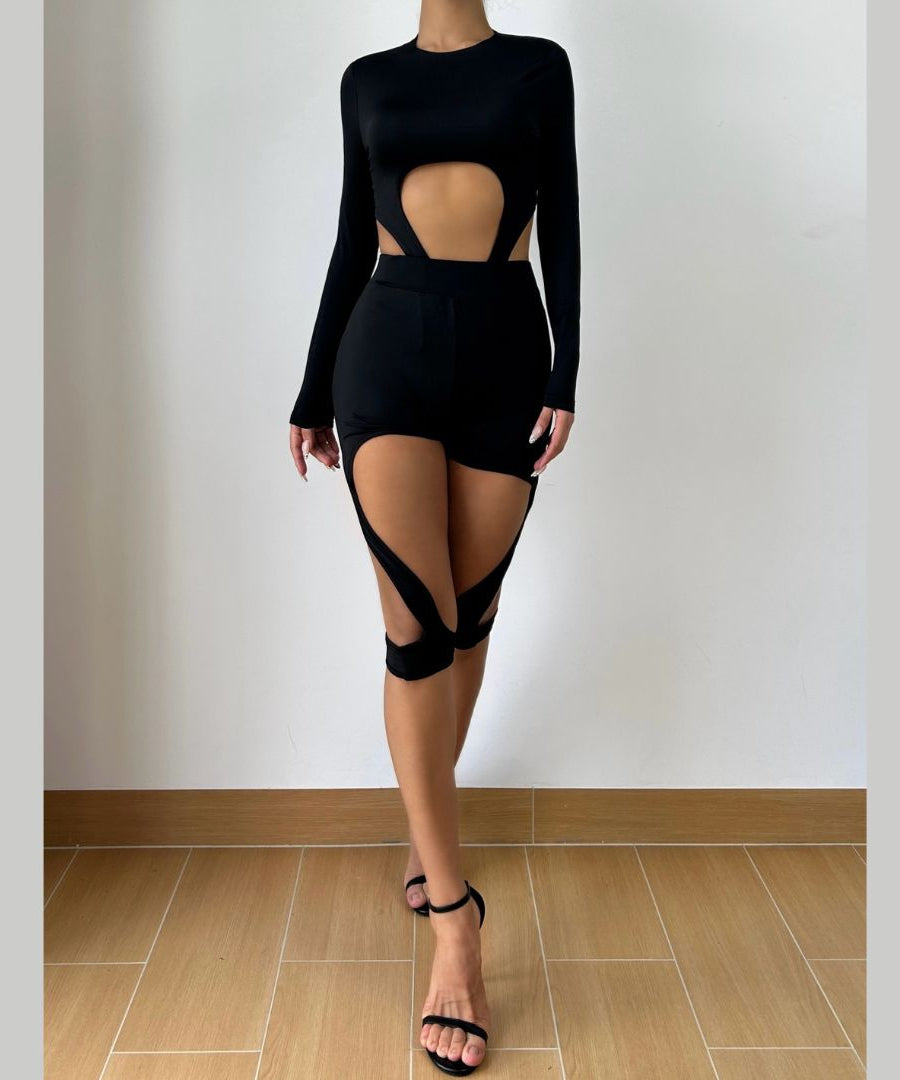 Slay the Night: Black Cut-Out Long Sleeve Romper with Strappy Detail - Fall Party & Clubwear
