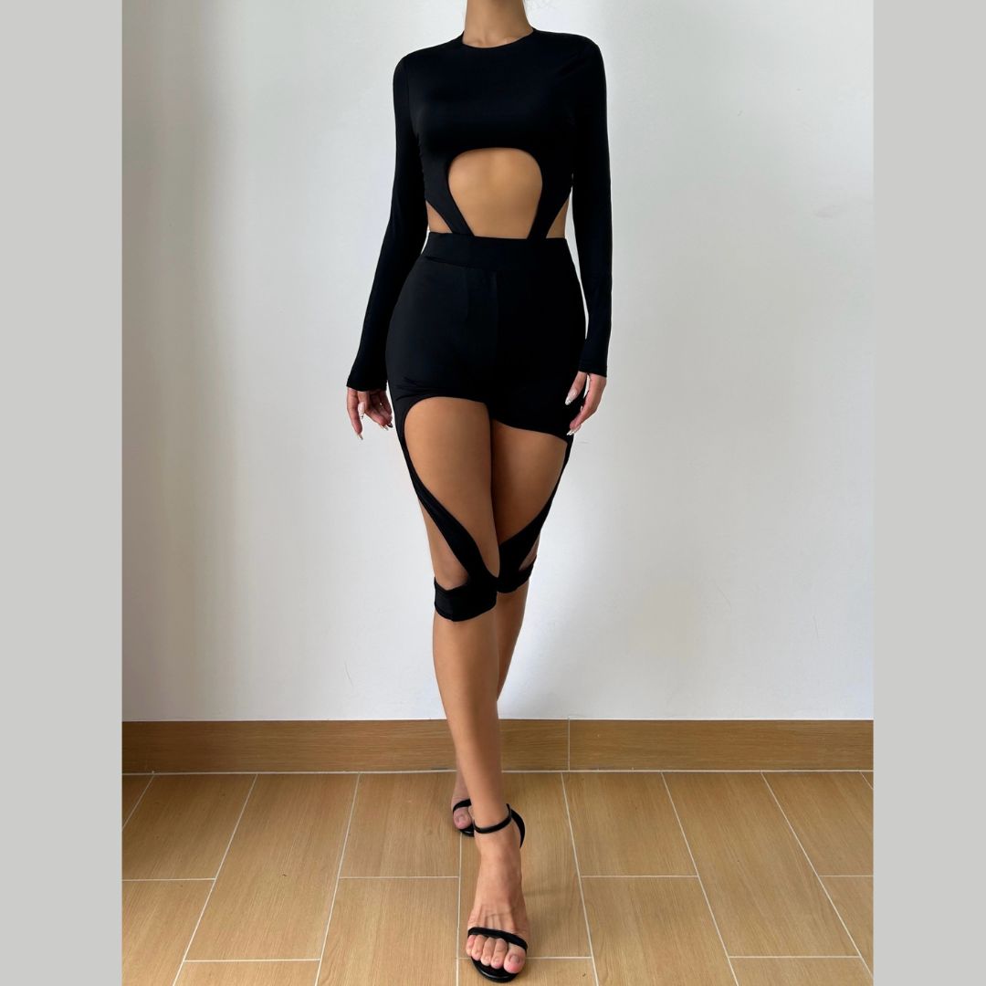 Slay the Night: Black Cut-Out Long Sleeve Romper with Strappy Detail - Fall Party & Clubwear