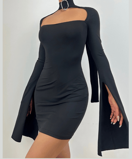 Siren Song Black Choker Mini Dress: Dramatic Slit Sleeves & Chic Cut-Out for Fall Nights & Holiday Parties