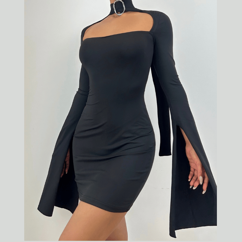 Siren Song Black Choker Mini Dress: Dramatic Slit Sleeves & Chic Cut-Out for Fall Nights & Holiday Parties