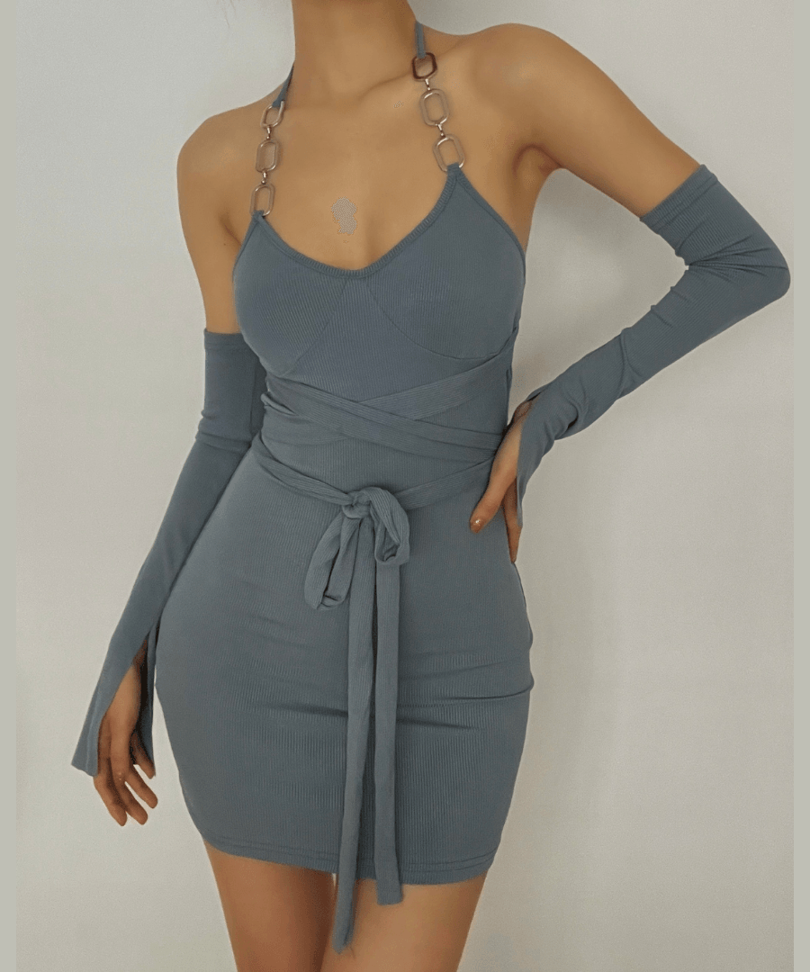 Elevate Your Fall Style: Ribbed Chain Halter Bodycon Mini Dress with Statement Sleeves