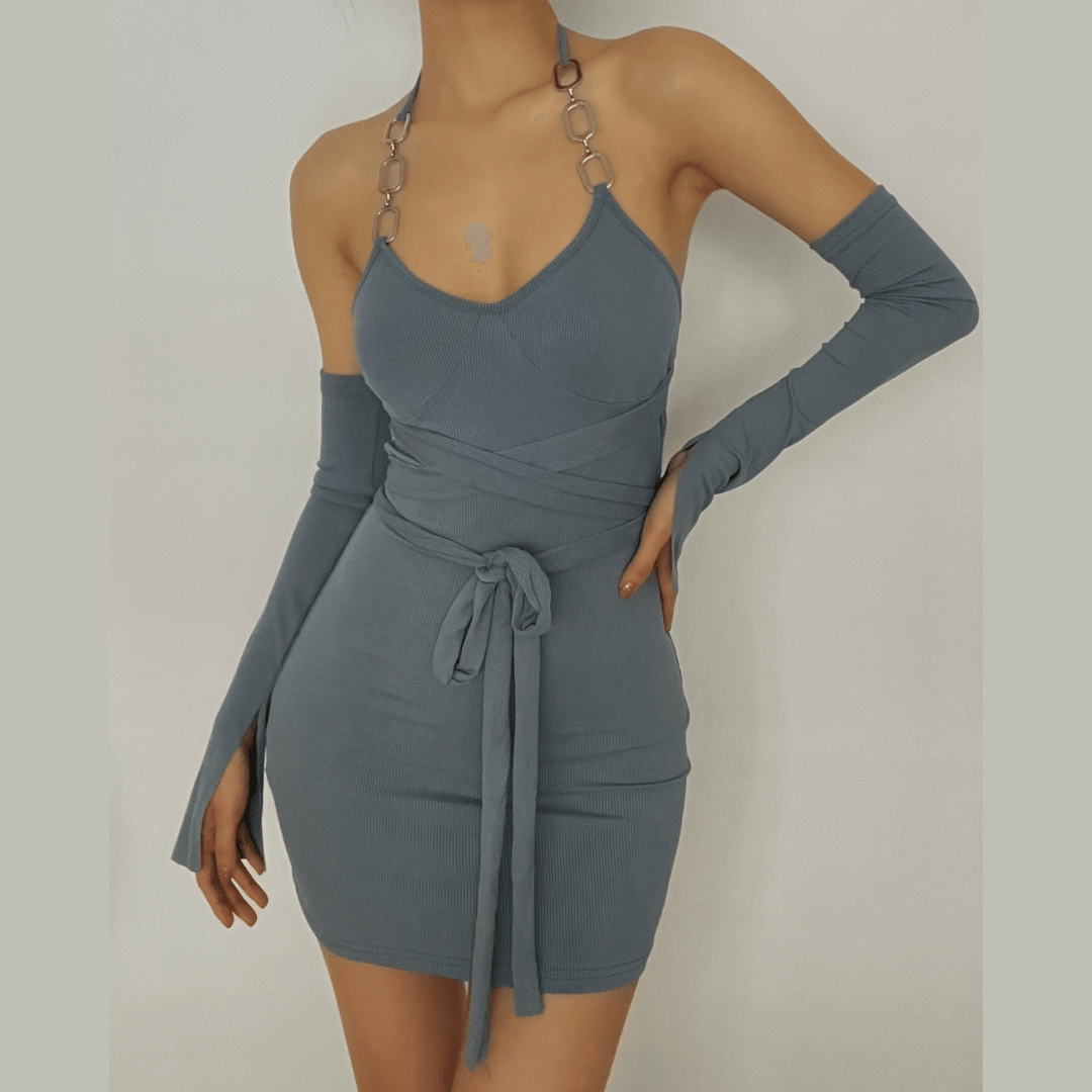 Elevate Your Fall Style: Ribbed Chain Halter Bodycon Mini Dress with Statement Sleeves