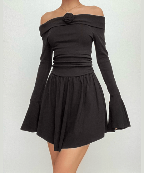 Effortless Elegance: Off-Shoulder Rose Appliqué Mini Dress with Flared Sleeves - Your Fall & Holiday Go-To