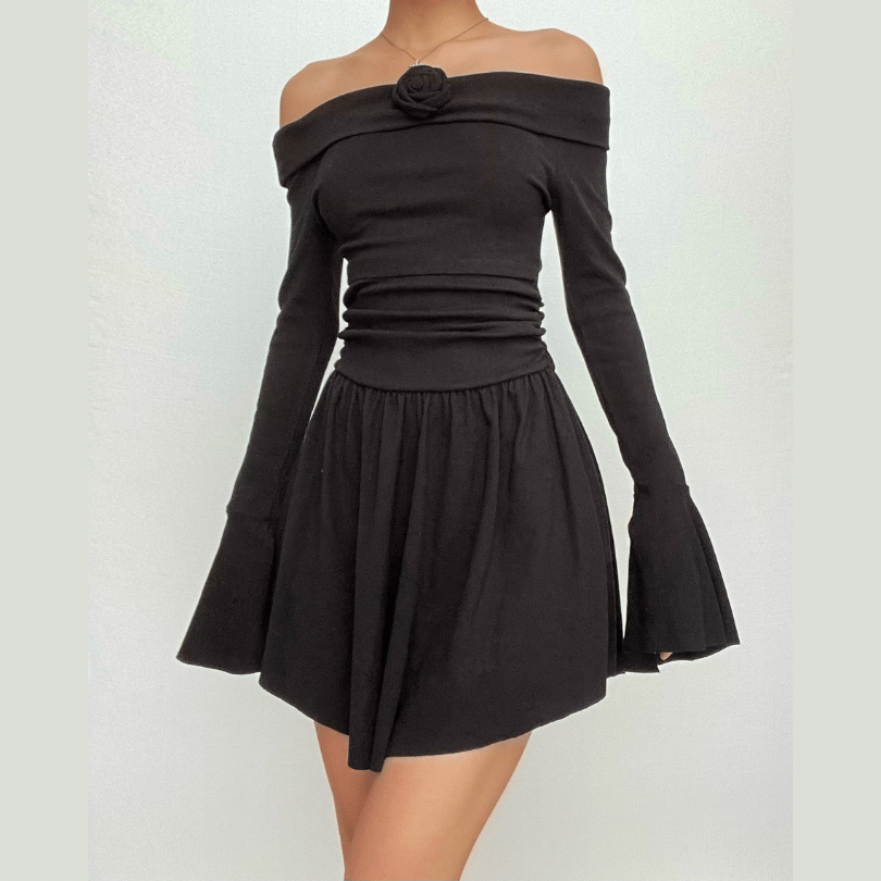 Effortless Elegance: Off-Shoulder Rose Appliqué Mini Dress with Flared Sleeves - Your Fall & Holiday Go-To