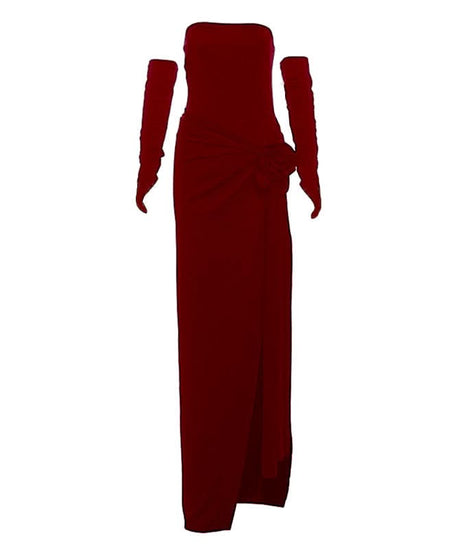 Scarlet Rose High Slit Maxi Dress | Strapless Gown with Detached Sleeves for Holiday & Gala Season