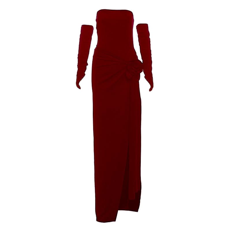 Scarlet Rose High Slit Maxi Dress | Strapless Gown with Detached Sleeves for Holiday & Gala Season