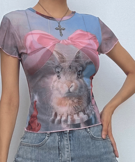 Whimsical Bunny & Pink Bow Mesh Top - Trendy Y2K Fall Style