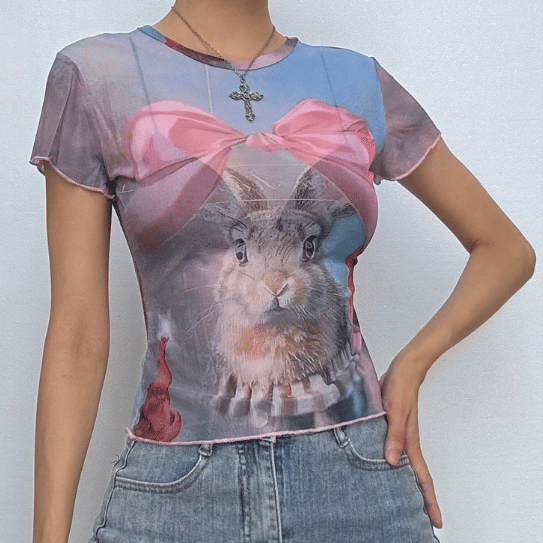 Whimsical Bunny & Pink Bow Mesh Top - Trendy Y2K Fall Style