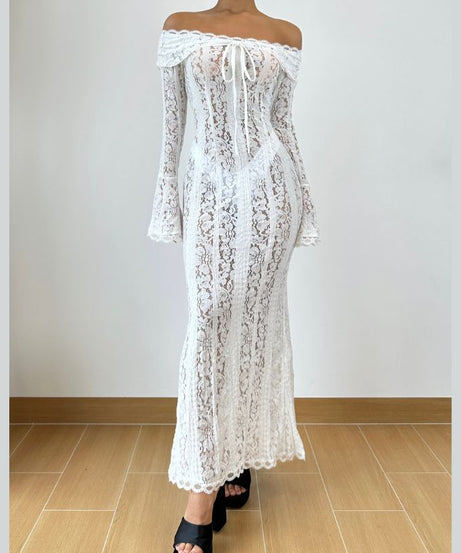 Dreamy White Lace Off-Shoulder Maxi Dress - Your Winter Getaway & Bridal Event Essential