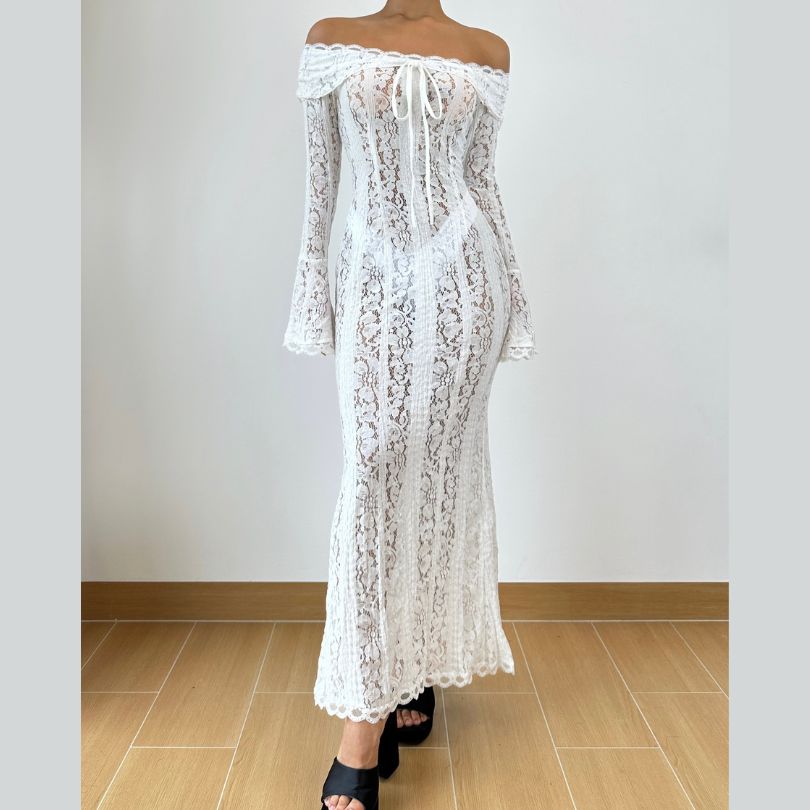 Dreamy White Lace Off-Shoulder Maxi Dress - Your Winter Getaway & Bridal Event Essential