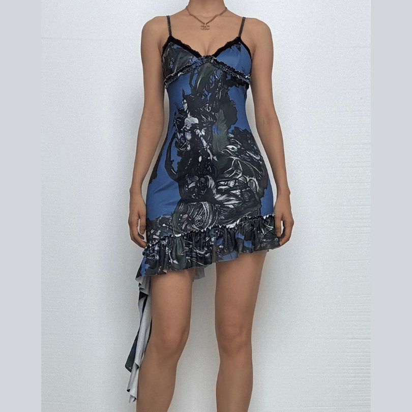 Mystic Bloom Dark Fantasy Slip Dress - Lace Trim Cami Mini for Edgy Fall Nights & Halloween