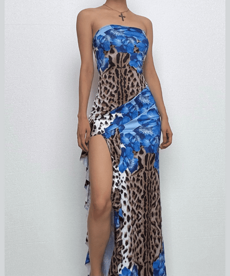 Daring Bloom: Blue Floral & Leopard Print Strapless Maxi Dress with High Slit – Fall & Holiday Glamour