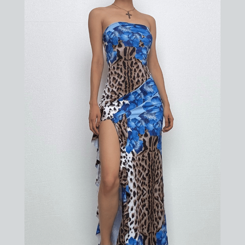 Daring Bloom: Blue Floral & Leopard Print Strapless Maxi Dress with High Slit – Fall & Holiday Glamour