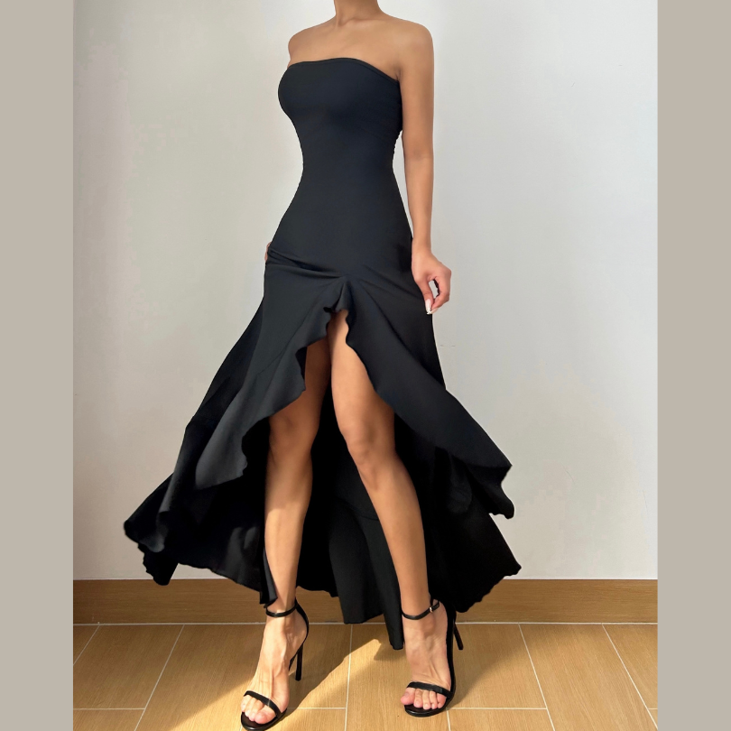 Effortless Glamour: Black Strapless High-Low Ruffle Maxi Dress | Your Ultimate Fall & Holiday Party Look