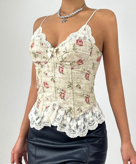 Romantic Rose Script Lace Peplum Cami Top | Coquette Bustier for Fall