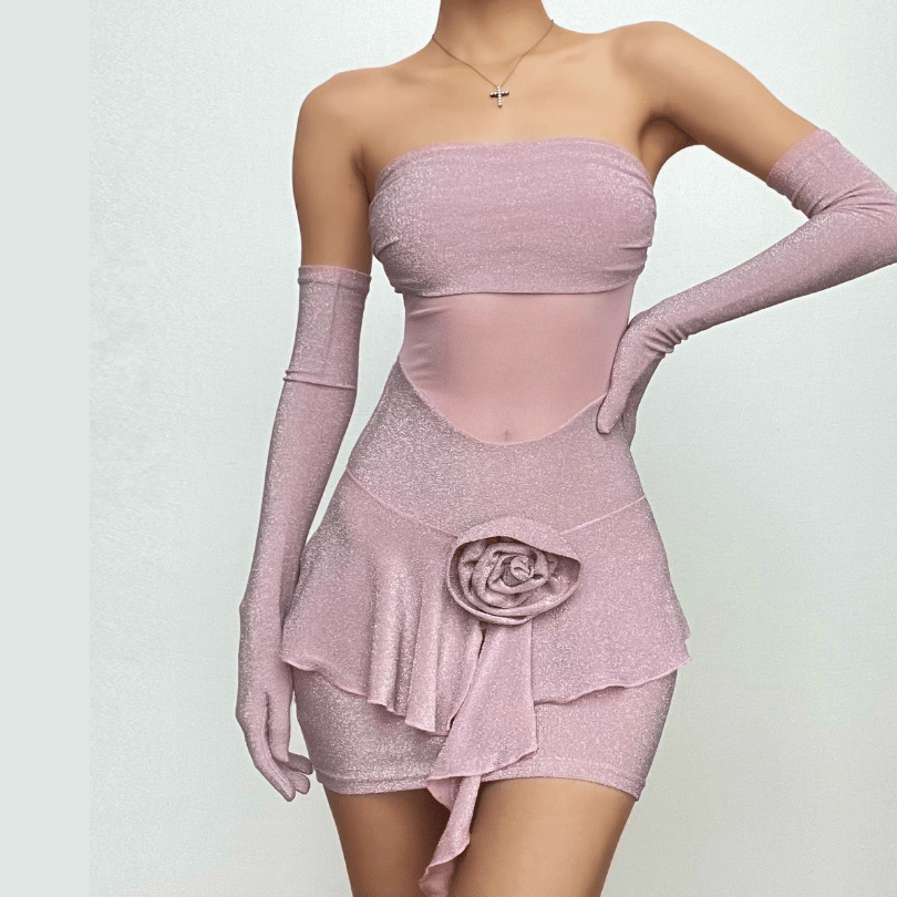 Glamour & Glow: Shimmering Rose Appliqué Mini Dress with Opera Gloves - Your Holiday Party & NYE Statement!
