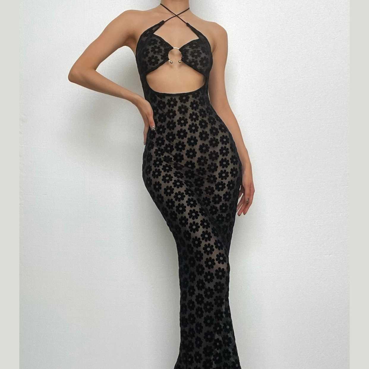 Black Floral Sheer Halter Maxi Dress with O-Ring Cutouts - Y2K Style for Fall Parties & Nights Out