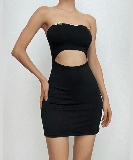 Sultry Black Cut-Out Mini Dress - Bowknot Strapless Bodycon for Fall Parties & Nights Out