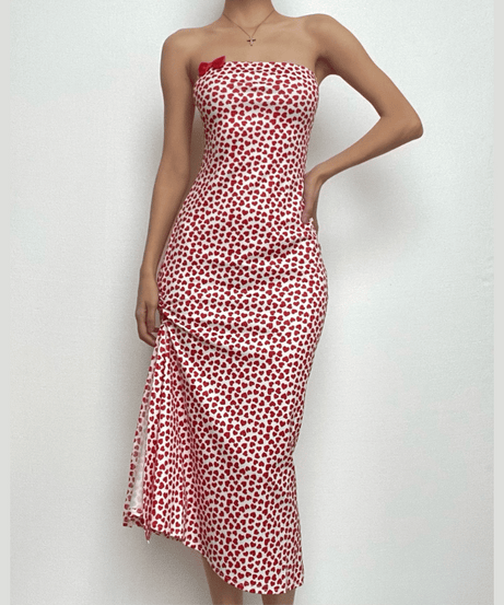 Fall Romance: Flirty Heart Print Strapless Midi Dress with Slit & Bow – Your Perfect Date Night & Getaway Look