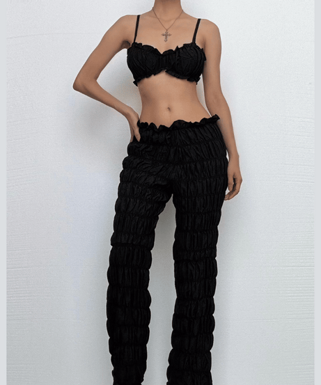 Effortless Fall Chic: Textured Smocked Crop Top & Low-Rise Pant Set for Women