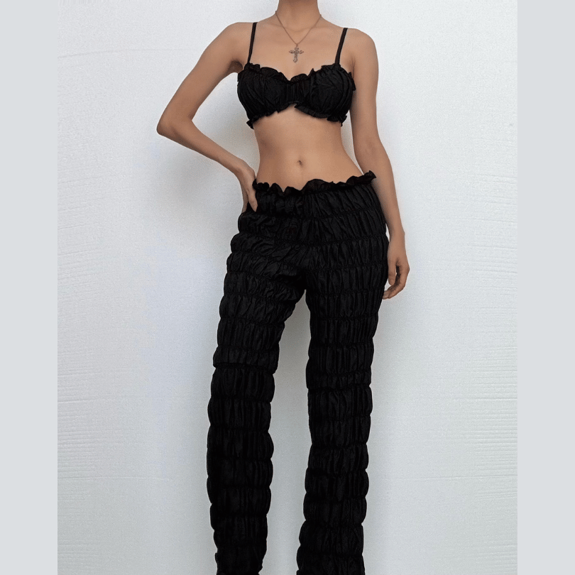 Effortless Fall Chic: Textured Smocked Crop Top & Low-Rise Pant Set for Women