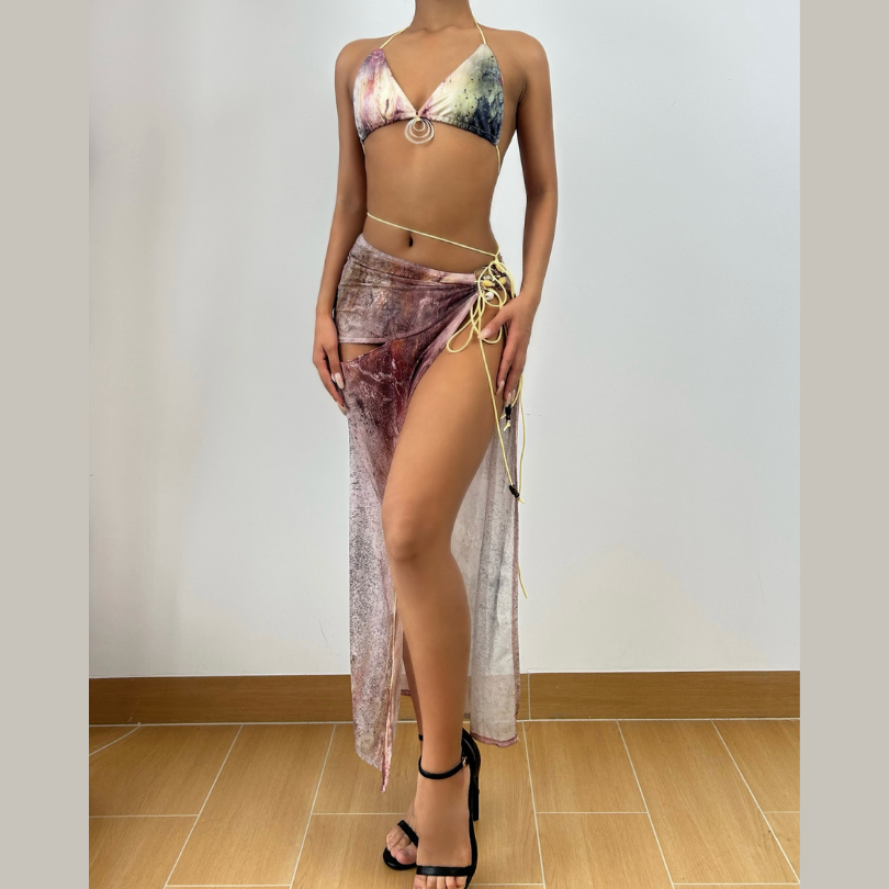 Escape the Chill: Trendy Abstract Halter Bikini & Sheer Lace-Up Sarong 3-Piece Set - Your Ultimate Resort & Cruise Ready Look