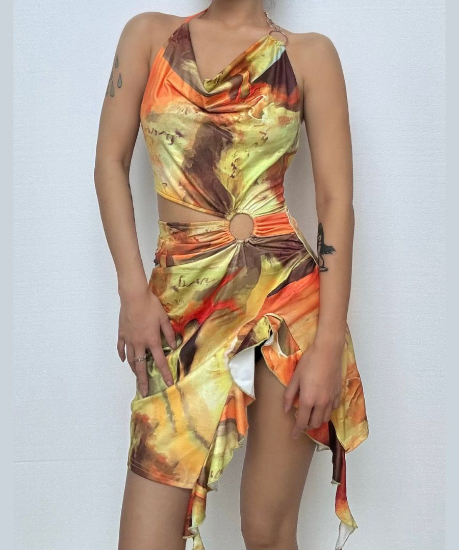 Sunset Serenade Halter Cutout Mini Dress - O-Ring Detail & Flowing Print for Fall Getaways