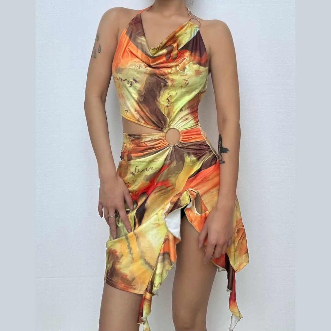 Sunset Serenade Halter Cutout Mini Dress - O-Ring Detail & Flowing Print for Fall Getaways