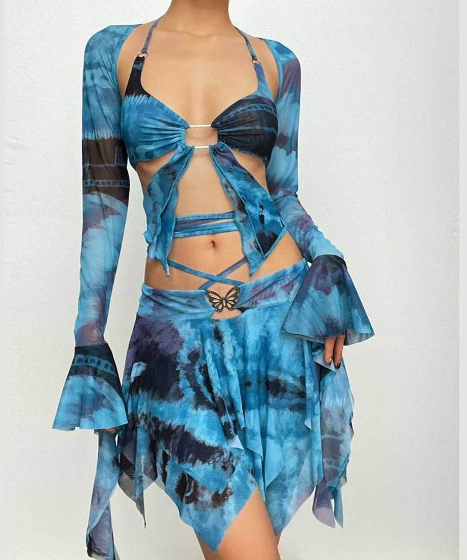 Enchanted Fairycore Tie-Dye Mini Skirt Set - Butterfly Halter Top & Flared Sleeves for Halloween & Rave Parties