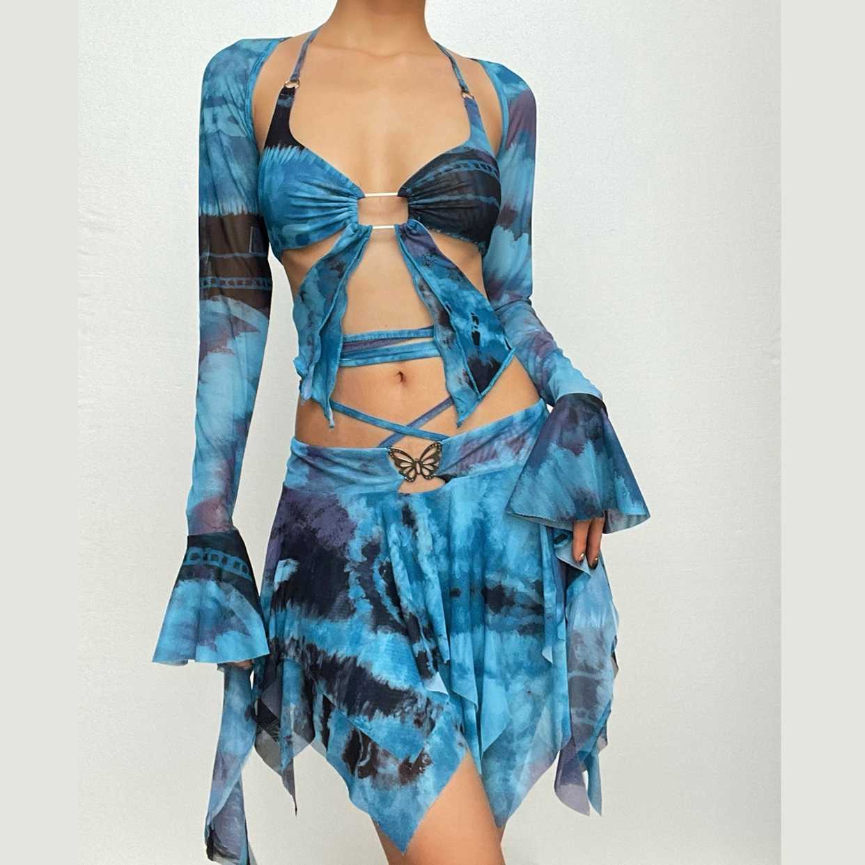 Enchanted Fairycore Tie-Dye Mini Skirt Set - Butterfly Halter Top & Flared Sleeves for Halloween & Rave Parties