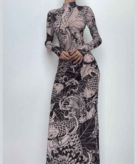 Artistic Koi Mesh Maxi Dress - Elegant High-Neck Fall Statement Piece
