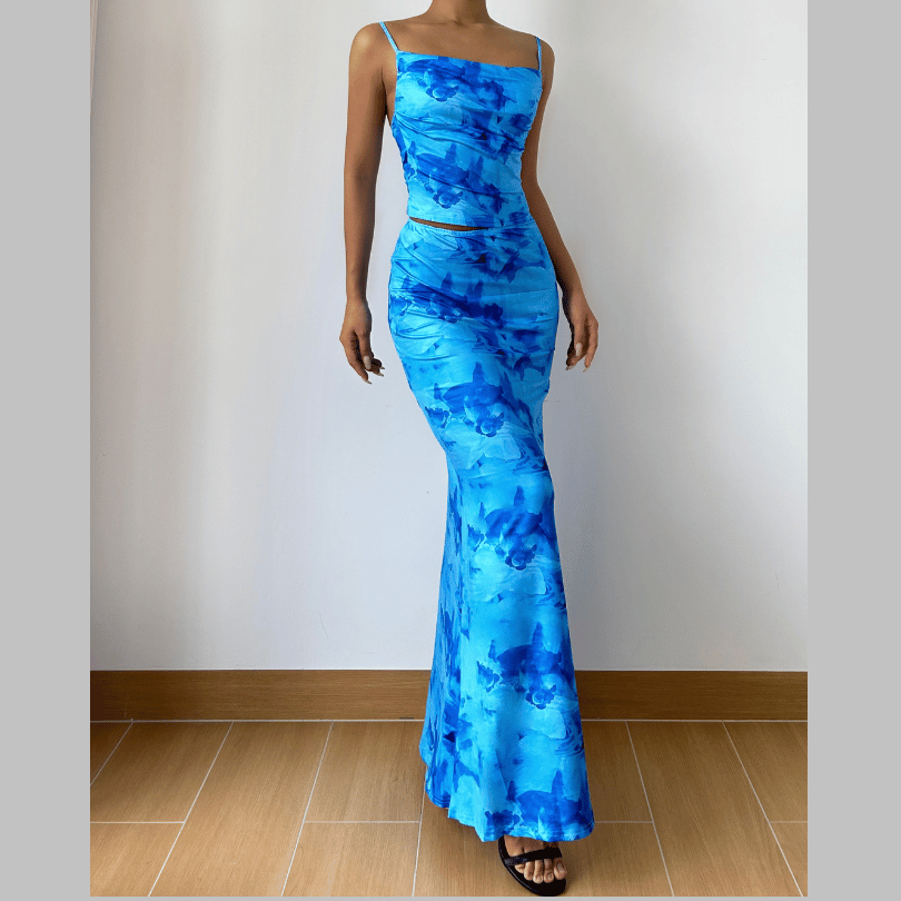 Ocean Blue Abstract Ruched Maxi Skirt Set | Your Chic Tropical Getaway & Resort Wear Essential