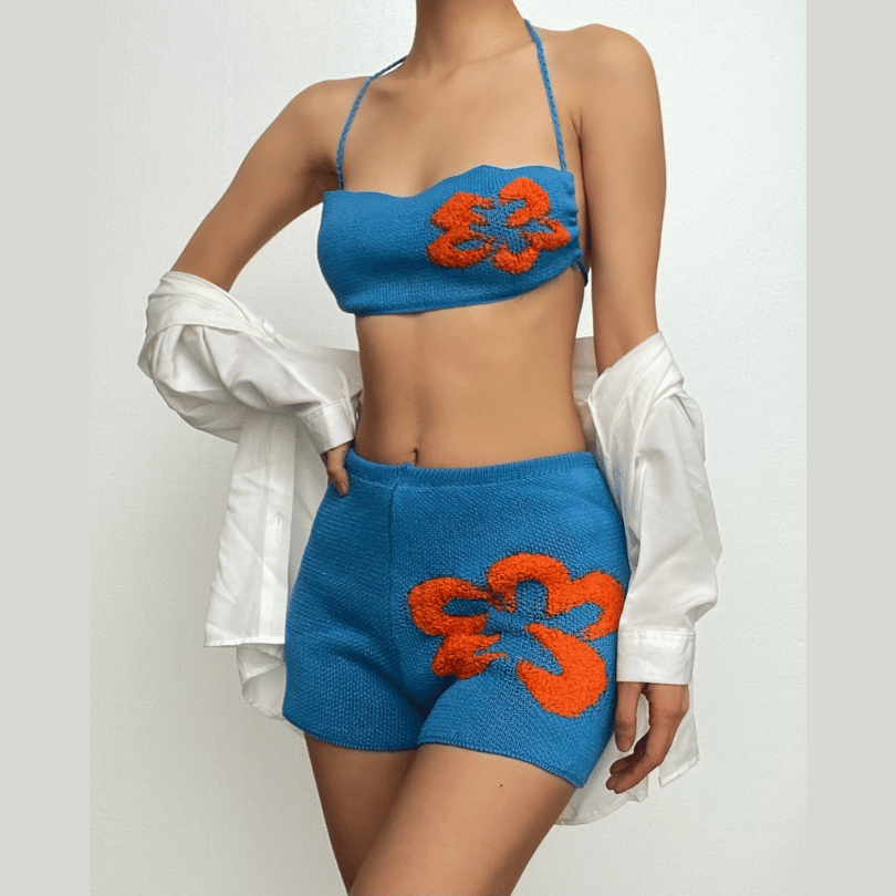 Vibrant Bloom Knit Halter & Shorts Set - Your Chic Fall Getaway & Layering Co-ord