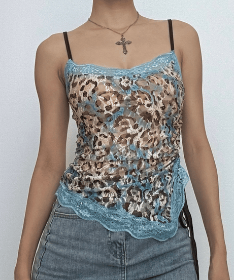 Edgy Blue Leopard Lace Cami Top - Y2K Ruched Spaghetti Strap for Fall Style