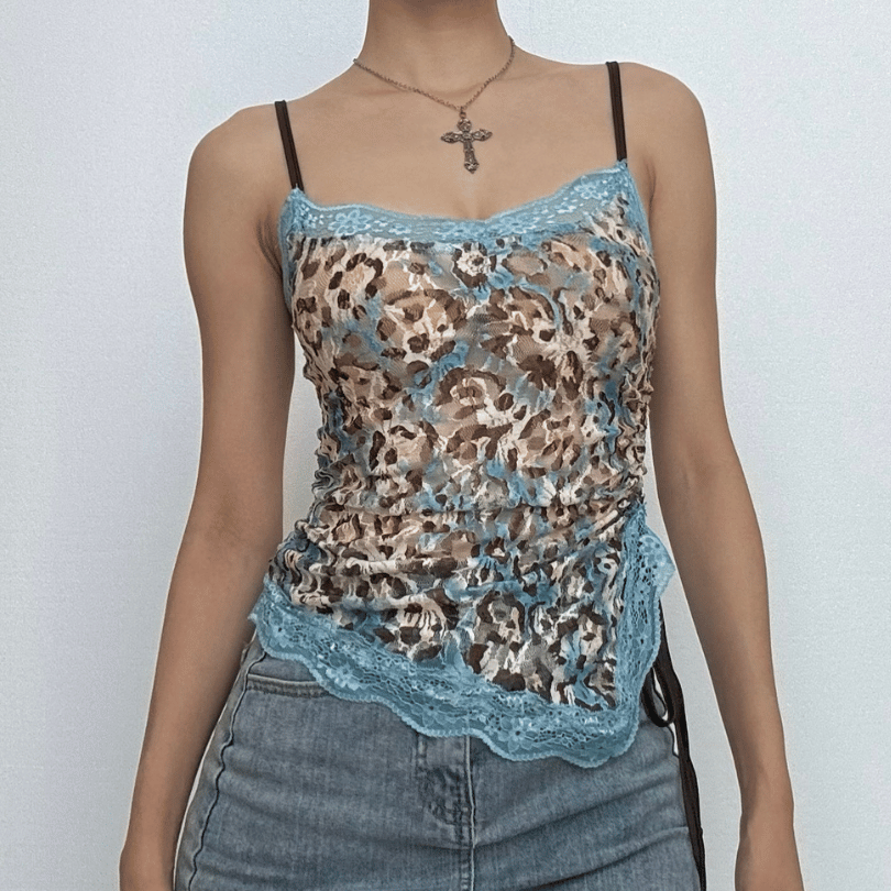 Edgy Blue Leopard Lace Cami Top - Y2K Ruched Spaghetti Strap for Fall Style