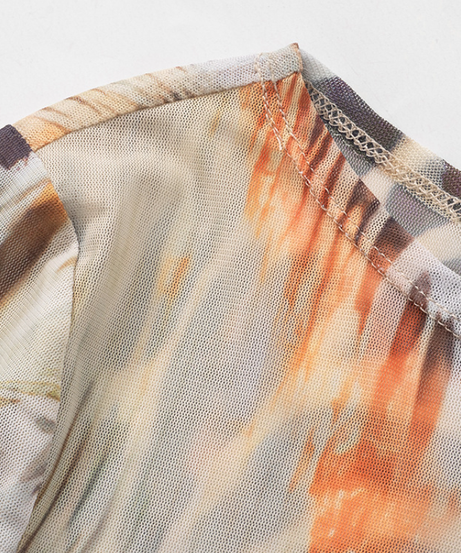 Fierce Fall Abstract Animal Print Mesh Long Sleeve Top - Orange Haze Y2K Style