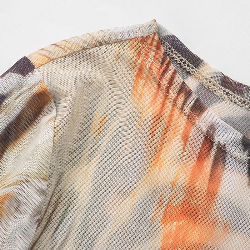 Fierce Fall Abstract Animal Print Mesh Long Sleeve Top - Orange Haze Y2K Style