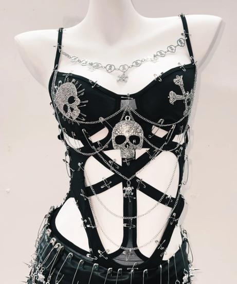 Fierce Skull & Chain Safety Pin Bodysuit – Ultimate Halloween & Goth Statement for Fall