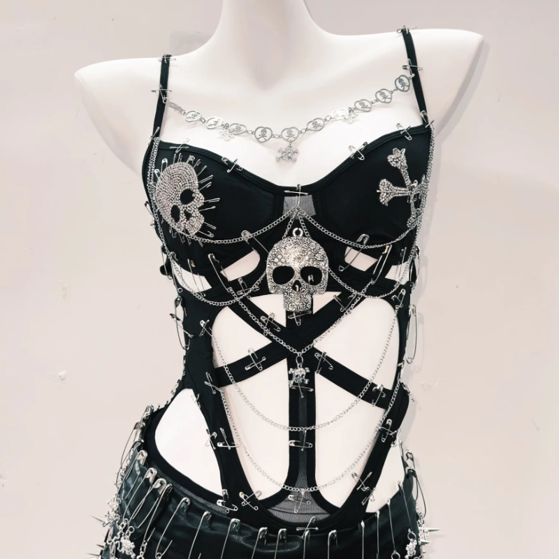 Fierce Skull & Chain Safety Pin Bodysuit – Ultimate Halloween & Goth Statement for Fall