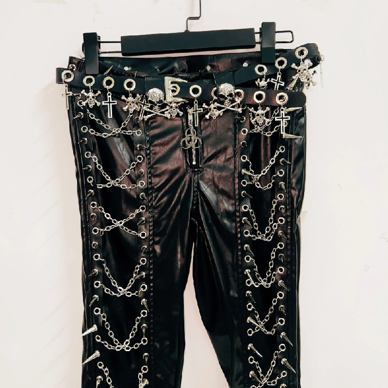 Women's Rebel Chain & Spike Faux Leather Pants - Edgy Goth Clubwear for Spooky Season