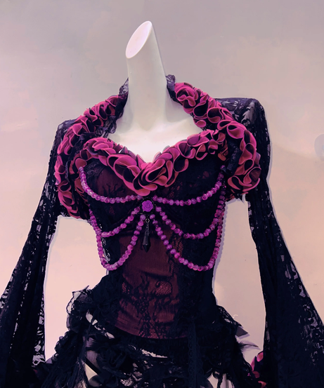 Enchanting Black & Pink Gothic 3-Piece Set: Corset, Ruffled Skirt & Lace Shrug - Perfect for Halloween & Fall Events