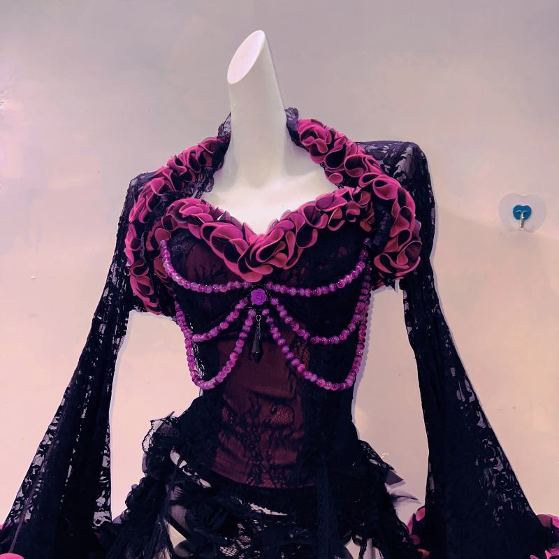 Enchanting Black & Pink Gothic 3-Piece Set: Corset, Ruffled Skirt & Lace Shrug - Perfect for Halloween & Fall Events