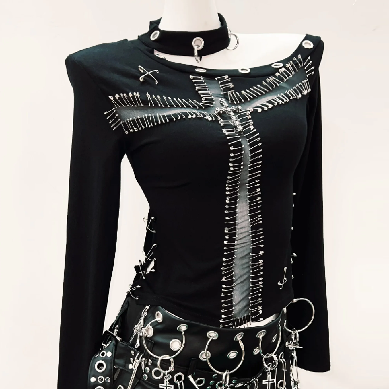 "Rebel Heart" Goth Safety Pin Cross Mesh Cut-Out Top - Edgy Halloween & Fall Statement