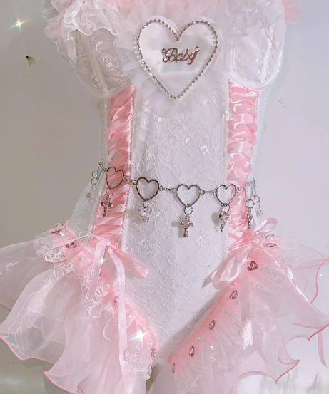 Dreamy Coquette 'Baby' Heart Pink Lace Ruffle Bodysuit - Perfect for Romantic Fall Nights