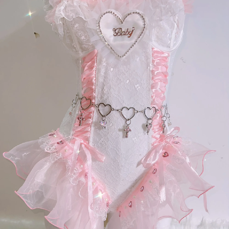 Dreamy Coquette 'Baby' Heart Pink Lace Ruffle Bodysuit - Perfect for Romantic Fall Nights