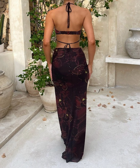 Enchanting Autumn Night Bloom Halter Maxi Dress - O-Ring Cutout & High Slit