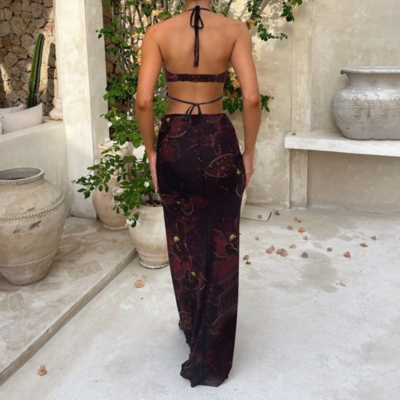 Enchanting Autumn Night Bloom Halter Maxi Dress - O-Ring Cutout & High Slit