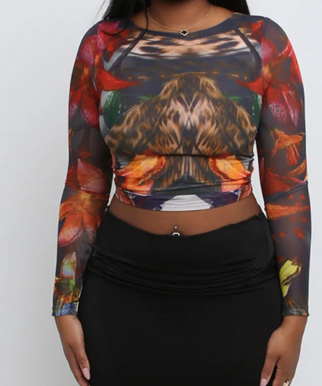 Fierce Fall Abstract Animal Print Mesh Long Sleeve Top - Orange Haze Y2K Style