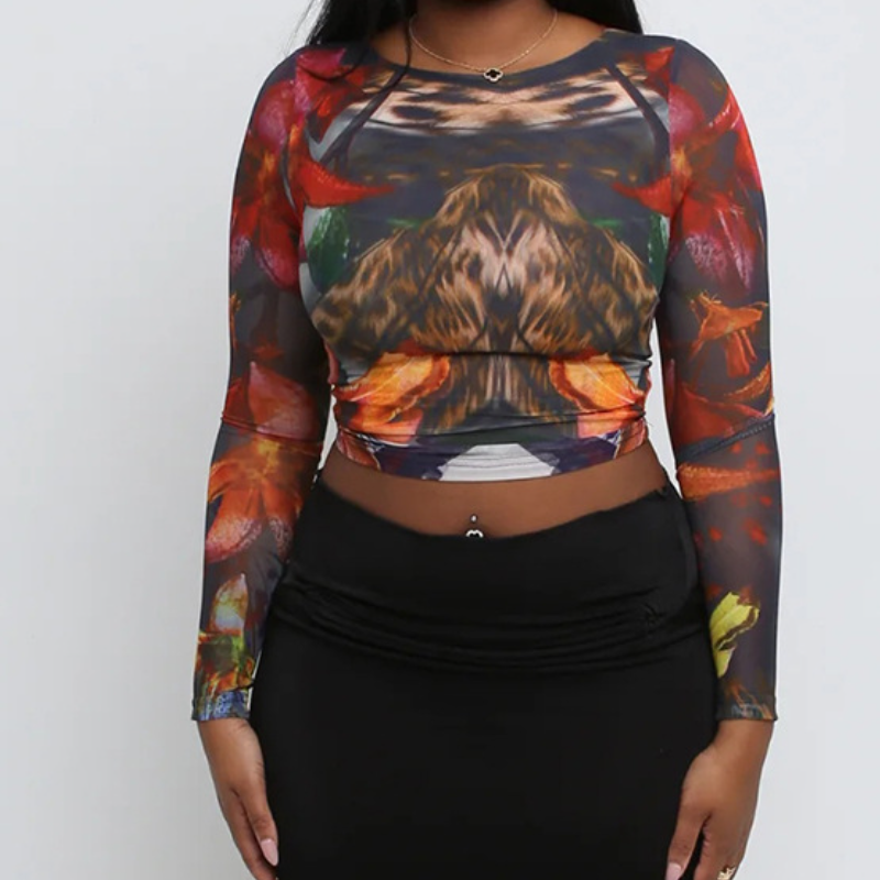 Fierce Fall Abstract Animal Print Mesh Long Sleeve Top - Orange Haze Y2K Style