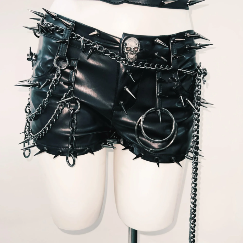 Fierce Spiked Skull Faux Leather Tube Top & Shorts Set | Halloween Rave & Clubwear